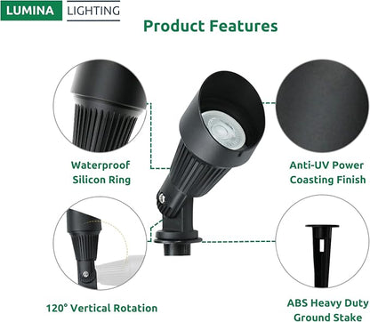 Lumina Lighting® 4W Landscape Lighting 12V Landscape Lights Low Voltage Landscape Spotlights Warm White Waterproof Outdoor Replaceable LED Bulb for Garden, Lawn, Porch, Patio and Yard (Black, 2-Pack)
