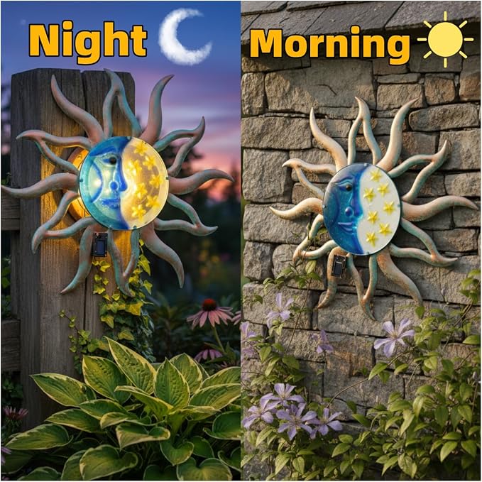 VEWOSTAR 29" Large Metal Sun and Moon Wall Art,3D Fence Wall Decor With with Solar Lights, Hanging Decoration for Patio Garden Yard,Gift Ideal for Mom