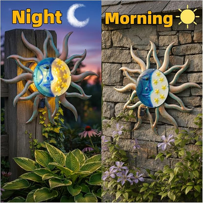 VEWOSTAR 29" Large Metal Sun and Moon Wall Art,3D Fence Wall Decor With with Solar Lights, Hanging Decoration for Patio Garden Yard,Gift Ideal for Mom