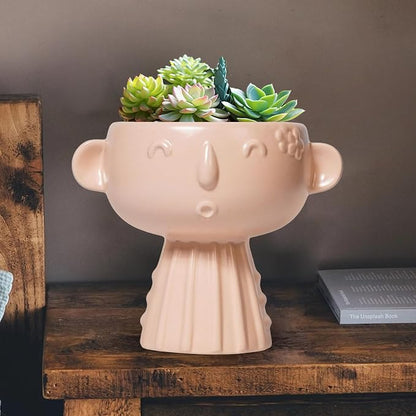 Face Flower Pots - 7 Inch Ceramic Pots for Plants Indoor Outdoor, Decorative Head Planter, Small Cute Succulent Planters with Drainage Hole, Room House Decor, Gifts for Plant Lover, Matte Pink