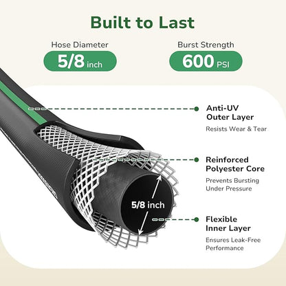 GreatBuddy Garden Hose 25ft, 5/8" Water Hose Heavy Duty, Flexible, Lightweight Hybrid Hose, Burst 600 PSI with Solid Brass Male to Female Fittings Leakproof Hose for Backyard, Garden