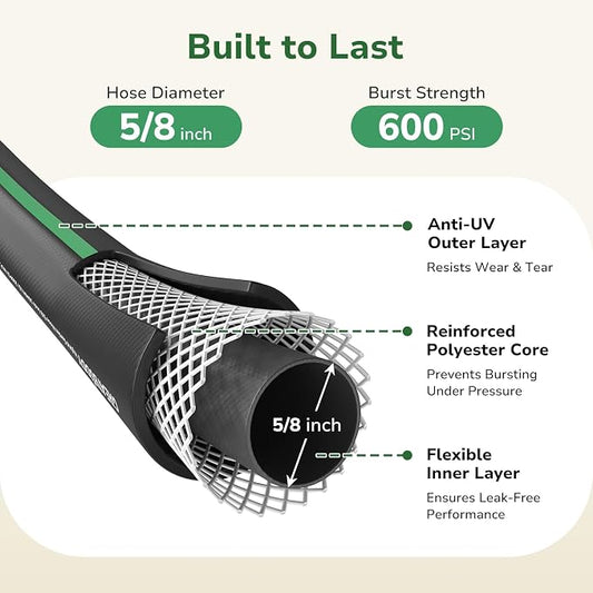 GreatBuddy 100 ft Garden Hose, Flexible Rubber Water Hose 5/8", Heavy Duty, Lightweight Hose, Burst 600 PSI with Solid Brass Male to Female Fittings, Leakproof Hose for Backyard, Garden