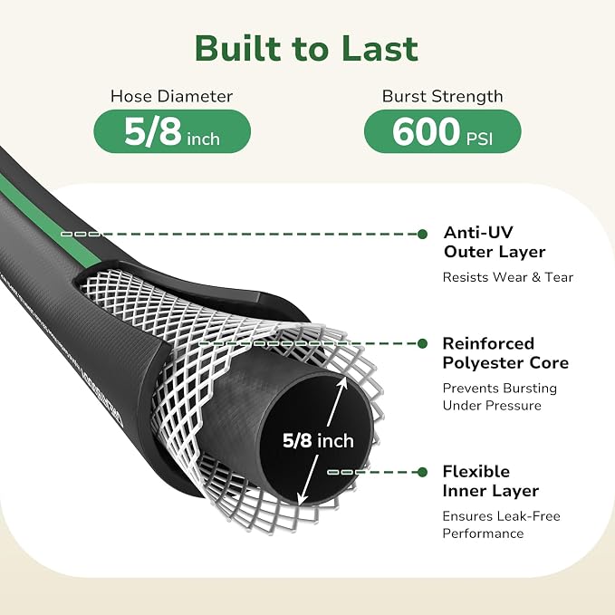 GreatBuddy Garden Hose 50 ft, 5/8" Flexible Rubber Water Hose, Heavy Duty, Lightweight Hose, Burst 600 PSI with Solid Brass Male to Female Fittings, Leakproof Hose for Backyard, Garden