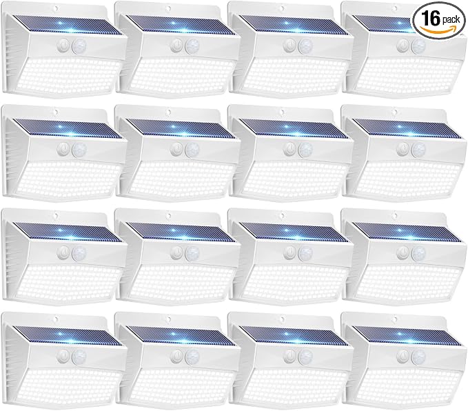 Peasur 16 Packs Solar Outdoor Lights Motion Sensor Solar Security Lights Waterproof with 3 Lighting Modes Solar Powered Wall Lights Outside for Garden Fence Yard Deck, White
