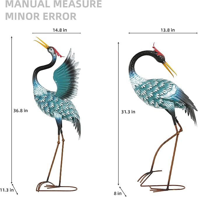 Extra-Large Crane Statue, 36.8" Handcrafted Metal Blue Heron Decor Sculptures with Stable U-Ground Stakes, Backyard Decoration, Metal Garden Bird Animal Yard Art, Lawn Ornament Decor