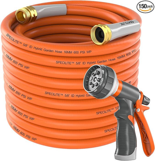SPECILITE Garden Hose 150 ft x 5/8 in Heavy Duty, Flexible and Kink Resistant, All Weather Water Hose with 3/4" Solid Brass Fittings - for Backyard, Lawn, Car Washing & Outdoor Cleaning