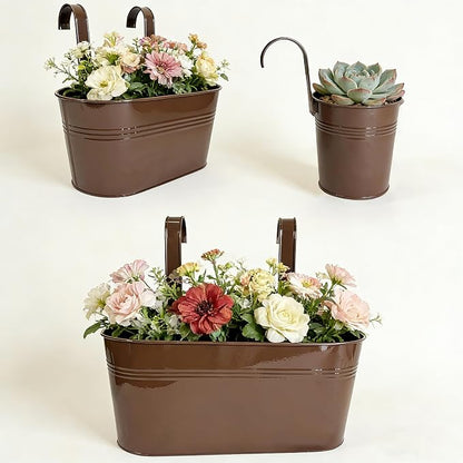 Set of 6 Balcony Hanging Planters, 2 Pcs 17" Metal Railing Flower Pots & 2 Pcs 12" Deck Planter & 2 Pcs 4" Fence Pot for Outdoor Patio Garden Décor, Chocolate