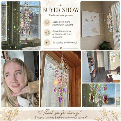 HDCRYSTALGIFTS Crystal Suncatchers for Window Hanging Glass Wind Chime Style Garden Sun Catchers with Crystals Prisms Rainbow Maker Indoor Outdoor Decor Handmade Gold Plated