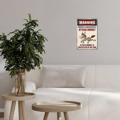 Metal Tin Sign Vintage Retro Wall Decor Warning Beware of Donkey Property Is Protected By a Attack Donkey Funny Tin Sign for Home Backyard Garden Patio 12 * 8inch