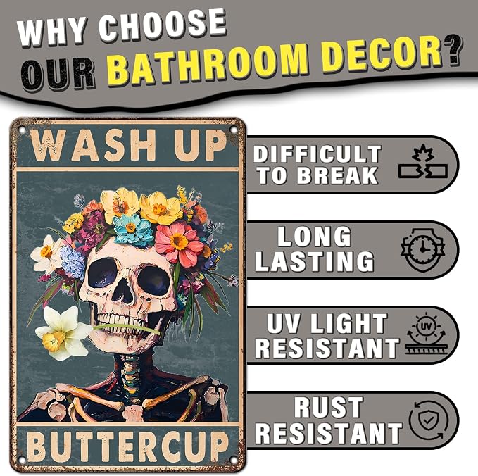 PEACHGARDEN Wash Up Buttercup Metal Sign, Funny Bathroom Decor, Skeleton Skull Bathroom Wall Art, Vintage Floral Aluminum Sign for Restroom Guest Bath Toilet, 8x12 Inch