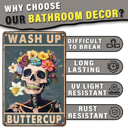 PEACHGARDEN Wash Up Buttercup Metal Sign, Funny Bathroom Decor, Skeleton Skull Bathroom Wall Art, Vintage Floral Aluminum Sign for Restroom Guest Bath Toilet, 8x12 Inch