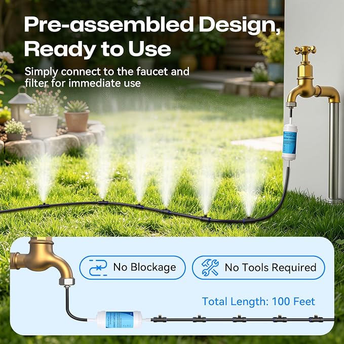 Misters for Outside Patio 100FT, Pre-Assembled WaterMisting Cooling System with 30 Brass Nozzles & 3/4" Adapter, Outdoor Mister Kit for Backyard, Garden, Greenhouse, Chicken Coop, Dog House