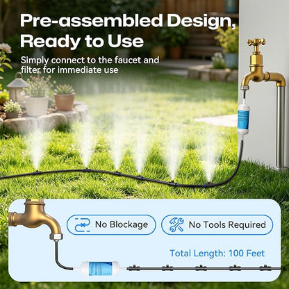 Misters for Outside Patio 100FT, Pre-Assembled WaterMisting Cooling System with 30 Brass Nozzles & 3/4" Adapter, Outdoor Mister Kit for Backyard, Garden, Greenhouse, Chicken Coop, Dog House