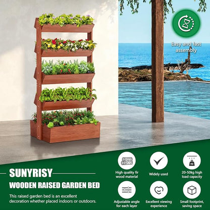 SUNYRISY 5 Tiers Vertical Raised Garden Bed Planter Outdoor, Freestanding Wooden Garden Tiered Planter Box Stand for Planting Herbs Flowers Vegetables Outdoor Gardening