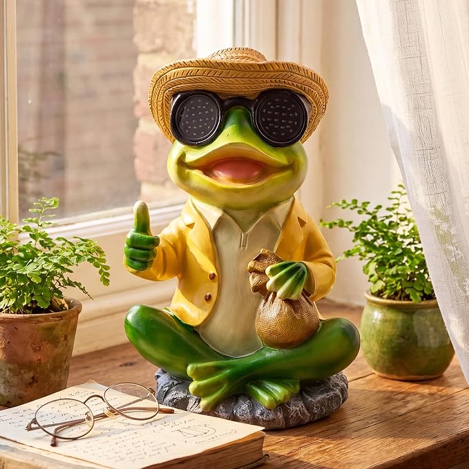 8.7" Solar Frog Statue Glowing Glasses - Funny Garden Decor Thumbs Up Money Bag Lucky Frog Figurine, Outdoor Resin Yellow Shirt Hand Painted Stone Base Patio Lawn Porch Gift Whimsical