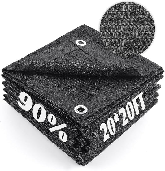 Cool Area 90% Sun Shade Cloth Mesh Tarp with Grommets for Plant Cover 20x20ft Patio Canopy Garden Pergola Greenhouse Car Barn Kennel Black