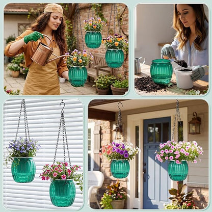 10 Pack 6.5 Inches Self Watering Hanging Planters for Indoor Outdoor Plants Bulk with Metal Hanging Chain and Hook, Self Watering Hangings Pots for Garden Home (Green)