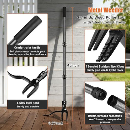 GOXAWEE Metal Stand Up Weed Puller Tool - 45" Garden Weeding Tool with Steel Long Handle & 4-Claw Steel Head - Effortlessly Remove Weeds Without Bending/Kneeling - All Steel Construction