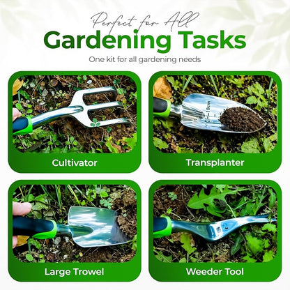 Gardening Tools Set with Bag 8 PCS – Heavy Duty Stainless Steel Garden Hand Tools Kit, Ergonomic Non-Slip Handles, Rust-Proof, Includes 15 Plant Tags – Gardening Gift for Women & Men