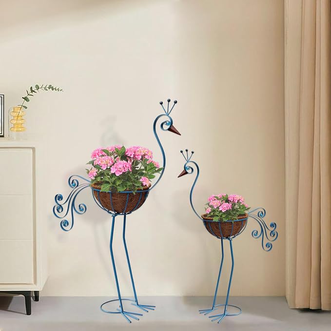 COOZZYHOUR Metal Peacock Planter with Fiber Basket -Garden Bird Planters for Outdoor Indoor Lawn,Yard,Porch,Patio, Garden Decorations（Set of 2）