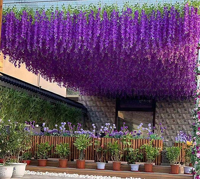 Artificial Wisteria Hanging Flowers-Fake Wisteria Flower Garland Silk Vines Rattan Decor for Home Wedding Arch Wall Garden Greenery Bedroom Outdoor Office Party Decoration (24, Purple)