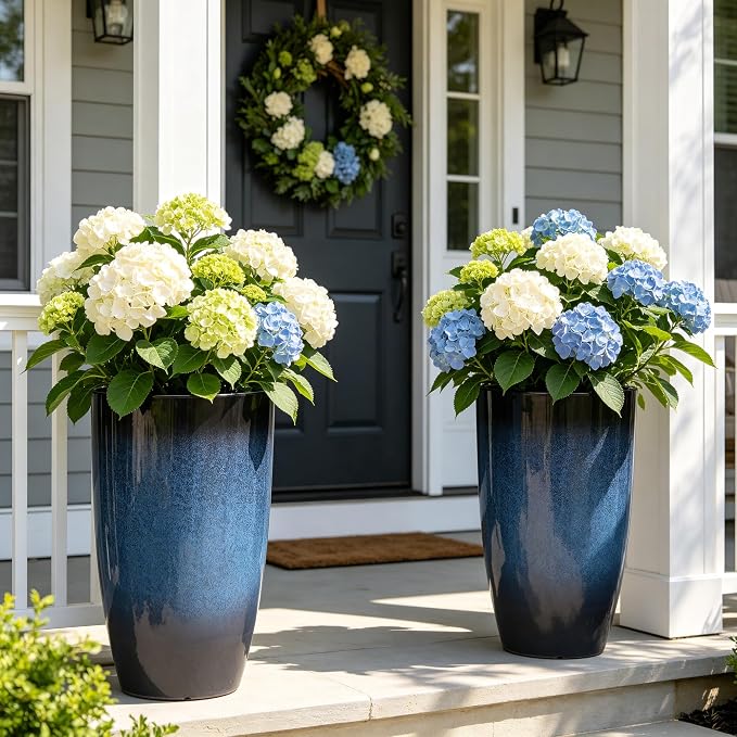 Autodaya 23.8" Large Cobalt Blue Tall Planters, Set of 2 Plastic Pots | Gradient Cobalt Blue Finish, Lightweight And Weather-Resistant Plastic Build, for Porch, Garden, Patio, Deck, or Indoor Use