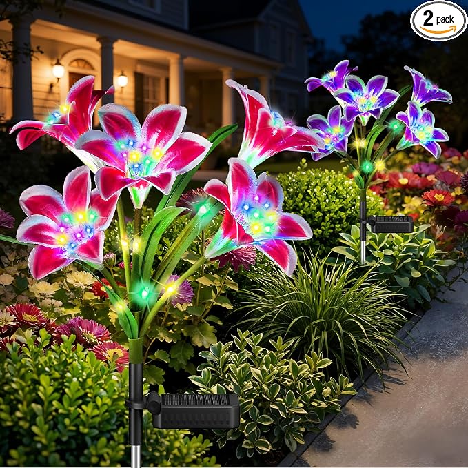 Upgrade Solar Lights Outdoor Garden Decor: 2 Pack Solar Lily Flowers, 10 Colored Blooming Lilies with Glowing Stems, Waterproof Decorative Light for Yard Patio Flower Bed, Gifts for Women