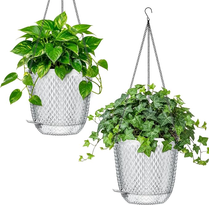 QCQHDU 7.2 Inch 2 Pack Hanging Planters for Indoor Outdoor Plants,Self Watering Flower Pots Hanging Basket,Plastic Plant Hanger with Drainage Holes and 3 Hooks for Window Porch Garden Balcony, (White)