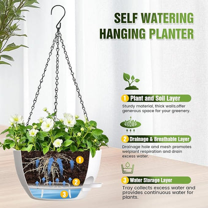 10 Inch Self-Watering Hanging Planters Set of 3 with Saucers | Set of 3 10-inch self-watering hanging planters with extra growing space, side-fill ports, chain hangers & snap-on saucers