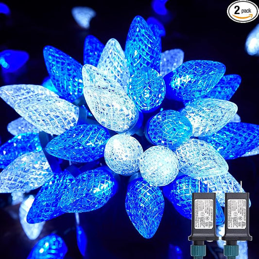 Brightown C9 Christmas Lights Outdoor 2 Pack, Total 162ft 200LED Blue&White | with Timing & Memory, 8 Modes, Connectable, Waterproof - C9 Christmas Lights for Indoor Outside Tree Home Yard Decoration