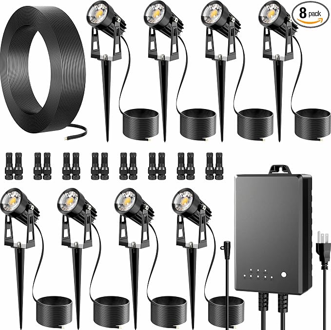 All-in-One Outdoor Low Voltage Landscape Lighting Kit, LED Landscape Spot Lights with 60W Transformer and 65FT Wire, Waterproof Outside Spotlights for Yard, Garden, Tree, Pathway, House, 3000K, 8 Pack