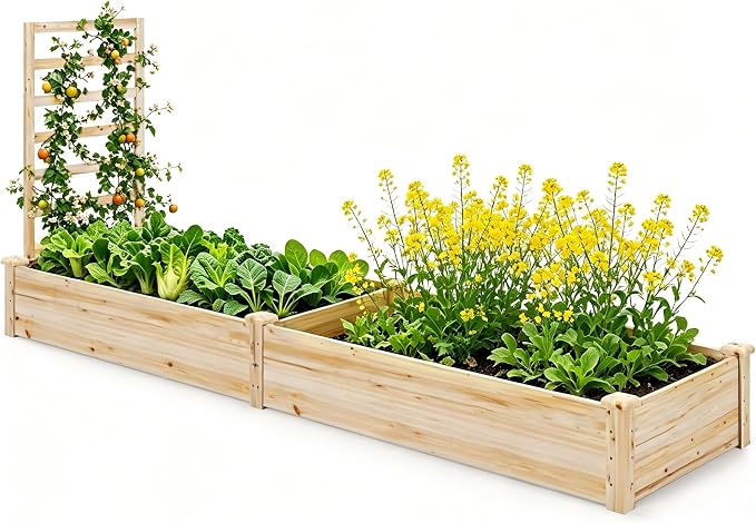 COSTWAY Raised Garden Bed with Trellis, Outdoor Wooden Planter Kit for Flowers, Herbs, Vegetables, Fruits & Climbing Vines, Elevated Garden Planter for Patio, 93" L x 25" W x 40" H