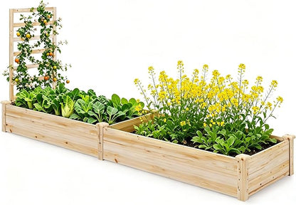 COSTWAY Raised Garden Bed with Trellis, Outdoor Wooden Planter Kit for Flowers, Herbs, Vegetables, Fruits & Climbing Vines, Elevated Garden Planter for Patio, 93" L x 25" W x 40" H