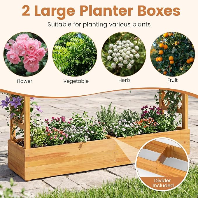 Happygrill 45" Raised Garden Bed with Trellis, Wood Planter Box w/Hanging Roof, 2 Side Trellises, Open-Ended Base for Flower, Climbing Plant, Plant Container for Garden