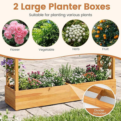 Happygrill 45" Raised Garden Bed with Trellis, Wood Planter Box w/Hanging Roof, 2 Side Trellises, Open-Ended Base for Flower, Climbing Plant, Plant Container for Garden