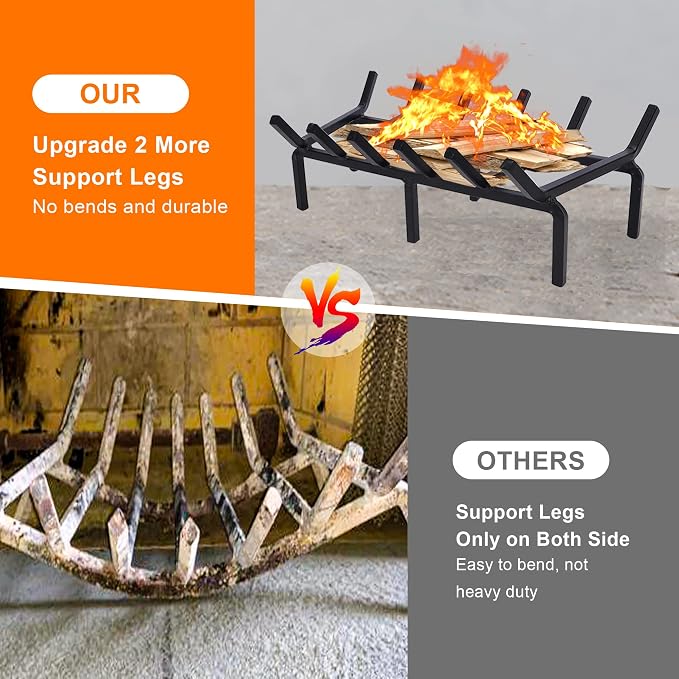 20 Inch Fireplace Grate Heavy Duty Solid Steel Fire Grate for Fire Pit Wood Log Rack Stove Firewood Holder for Indoor Hearth Outdoor Fire Pit Chimney Hearth Kindling Tool