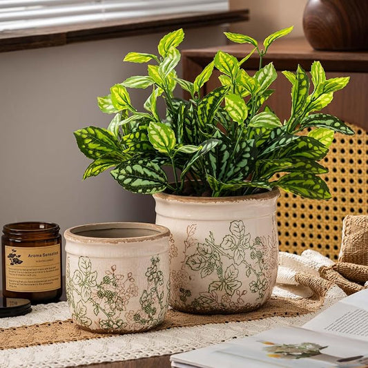 SURE YUESI Ceramic Plant Pots Set of 2, 4.7 & 5.7 Inch Vintage Indoor Planters with Drainage Hole, Farmhouse Ceramic Flower Pots for Indoor Plants, Rustic Cottage Decor for Home Kitchen Garden, Green