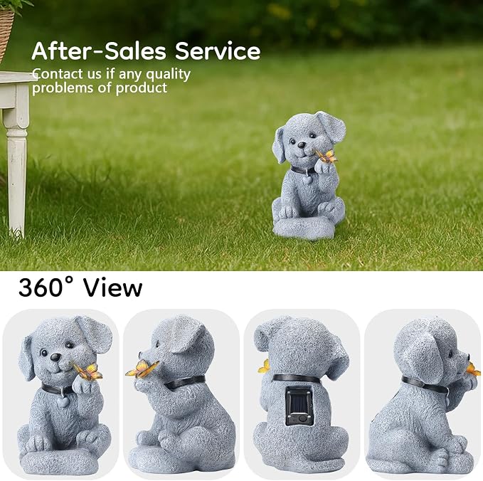 Solar Dog Statue with Butterfly, Outdoor Garden Decor with LED Light for Patio, Lawn Ornament for Courtyard, Valentine's Day Birthday Gift for Women Mom Grandma