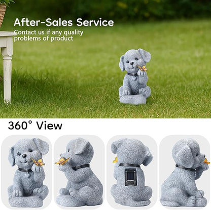 Solar Dog Statue with Butterfly, Outdoor Garden Decor with LED Light for Patio, Lawn Ornament for Courtyard, Valentine's Day Birthday Gift for Women Mom Grandma