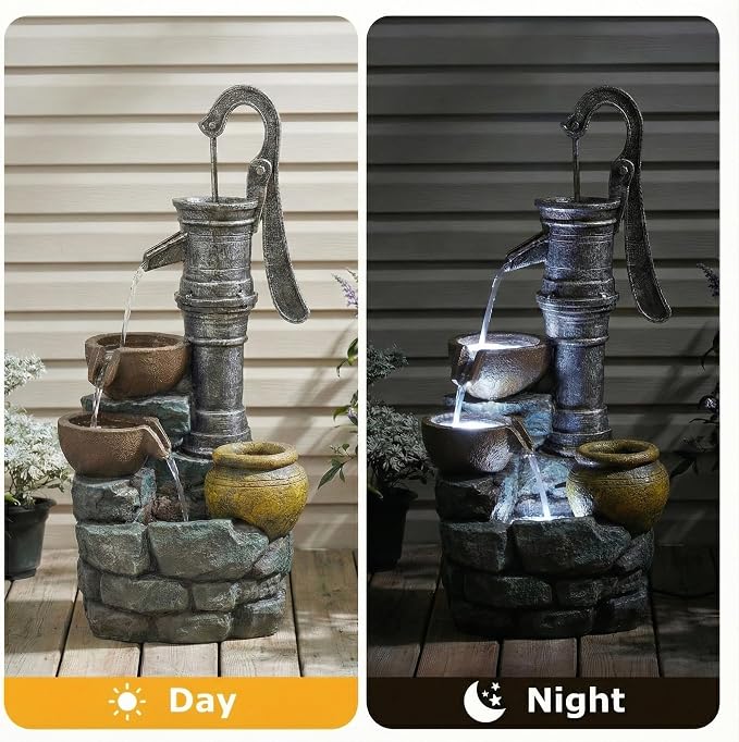 32 Inch Large Outdoor Fountain with Vintage Pump Design, Freestanding Resin Waterfall Feature, Weather Resistant Construction for Patio Yard Garden Backyard Entryway Decor