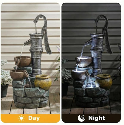 32 Inch Large Outdoor Fountain with Vintage Pump Design, Freestanding Resin Waterfall Feature, Weather Resistant Construction for Patio Yard Garden Backyard Entryway Decor