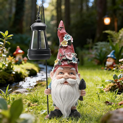 Garden Gnomes Statue with Solar Lantern, Outdoor Gnome Decorations for Yard, Outdoor Figurine Ornament with LED Lights for Patio Lawn, Mother's Day Birthday Gift for Women Mom Grandma
