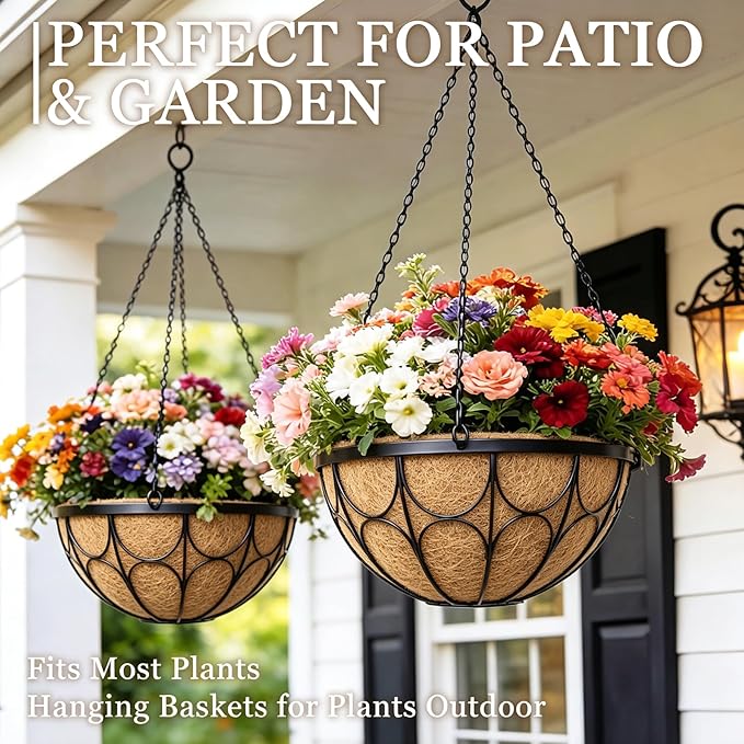 4 Pack 14 Inch Hanging Planters for Outdoor Plants，Large Wire Flower Hanging Basket with Coco Liners for Balconies, Patios, Porch, Terraces Decor