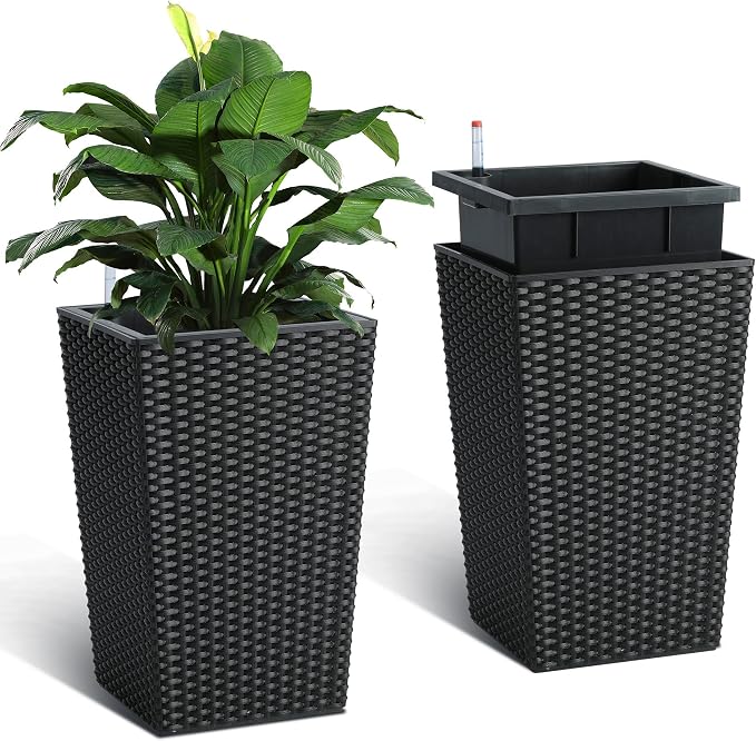 Garvee Set of 2 Tall Rattan Planters, 16 Inch Black Planters for Indoor Outdoor Plants, Flower Pots with Drainage & Water Level Window for Porch, Patio & Balcony