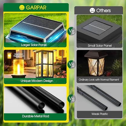 Garpar Solar Pathway Lights Outdoor 4 Pack, Window-Style with Metal Pole | 3500K Warm White, 2 Lighting Modes, Up to 18hrs Runtime, IP65 Waterproof, Ideal for Yard, Walkway, Driveway, Patio