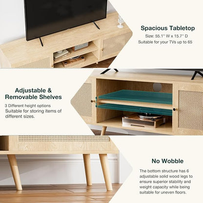 ZttRiee TV Stand with Rattan Doors for TVs up to 65", Mid-Century, Natural | 54.7"W x 15.7"D x 18.9"H, 150 lbs capacity, 2 rattan-door cabinets & 1 shelf (4 compartments), 2 cord holes, 6 wood feet