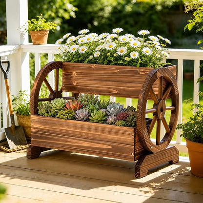 24" Extra Large Rustic 2-Tier Wooden Wagon Planter Box | Carbonized wood flower cart with 2 tiers, drainage holes, liner, and wagon wheels for porch, patio, and garden decor