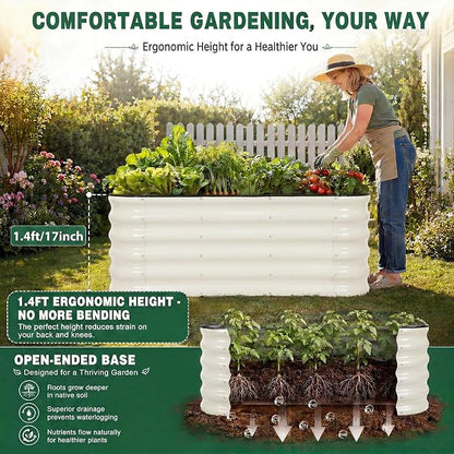 3 Pcs Raised Garden Beds Outdoor, 17" Tall 3-in-1 Modular 4x2ft Galvanized Metal Planter Box with Bracing Rods and Gloves for Vegetables Flowers Herbs, White