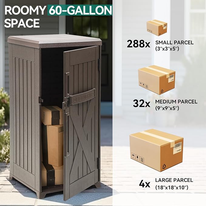 YITAHOME 60 Gallon Large Package Delivery and Storage Box | Double-Wall Resin Outdoor Package Delivery and Waterproof Deck Box for Porch, Curbside, 8.5 Cubic feet, Brown