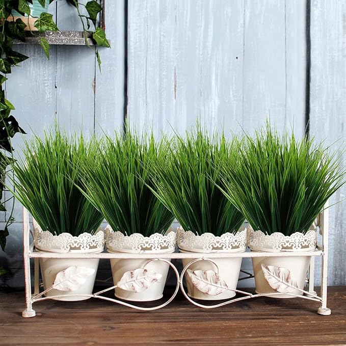 XLFAQXM 8 Pack Artificial Plants Flowers Grass Shrubs No Fade Faux Plastic Flowers Outdoor for Farmhouse Garden Porch Patio Indoor Wedding Decoration Greenery Fake Plants uv Resistant (3#Green)